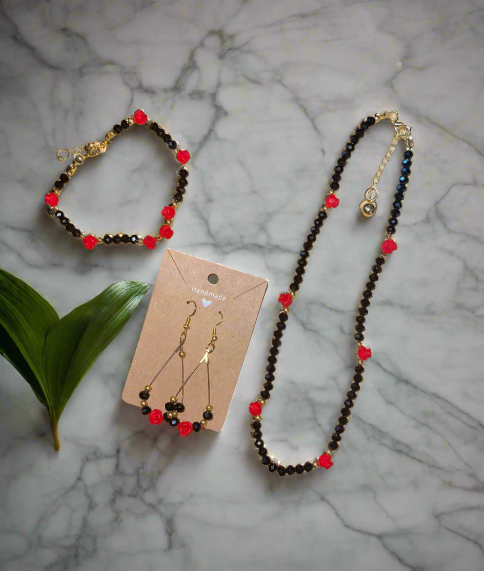 Elegant handmade beaded black and red roses necklace set.